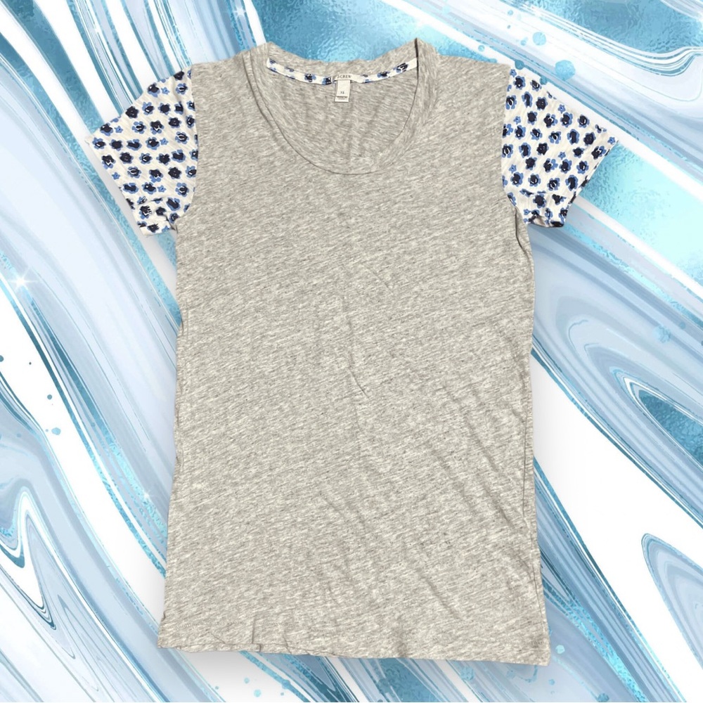 Like new J. Crew grey tee with bluish teal & navy floral print short sleeeves XS